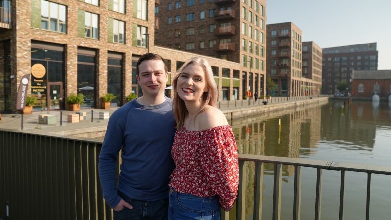 Nate and Bianca outside Royal Albert Wharf