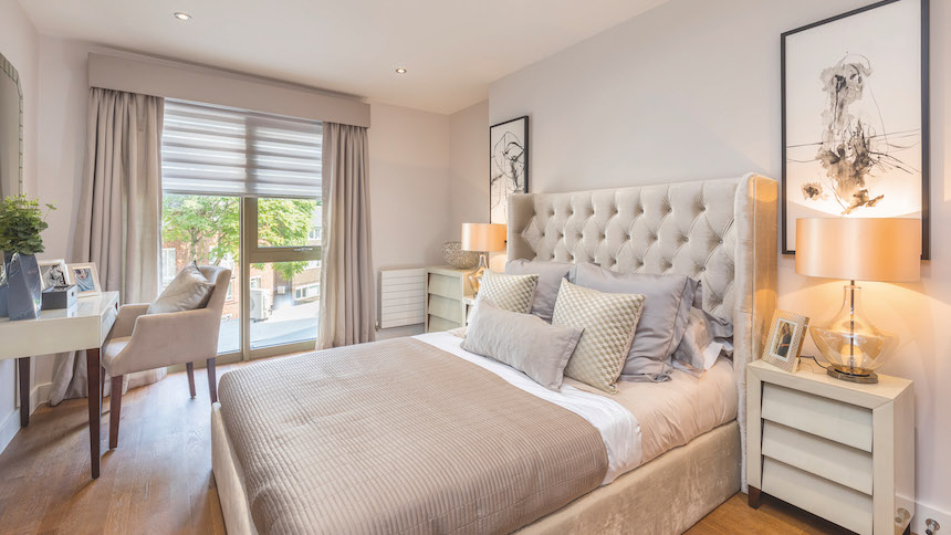 Master bedroom at the Thirty2 show apartment